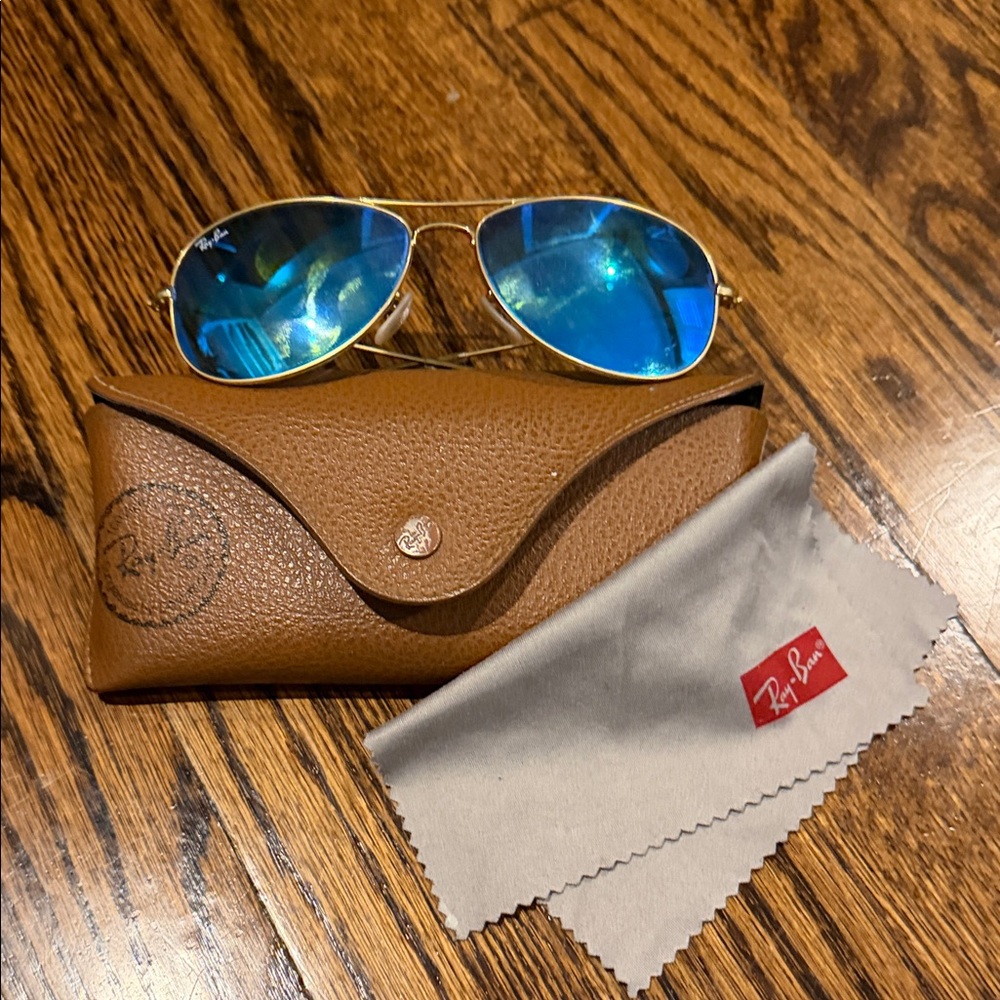 Ray-Ban Gold Frame Sunglasses with Blue Mirrored Lenses